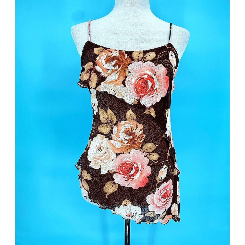 Fairy Grunge Y2K Floral Camisole Top Brown Pink Rose Semi Sheer Size Large